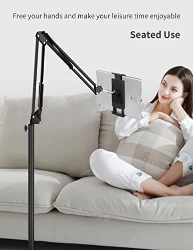 BluuSuuk Tablet Floor Stand with Double Weight Base, Overhead Bed Phone Mount Height Adjustable Arm Stretchable Stand Holder, Compatible with iPad Mini Air Pro, Galaxy Tab, Kindle, Switch, Cell Phones