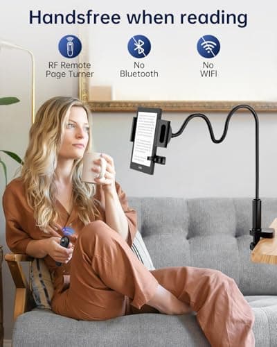 Bongogoo Kindle Holder with Remote Page Turner | Hands-Free Stand for Reading in Bed or Desk – Compatible with Kindle Paperwhite, Oasis, iPad, iPhone, and More | Fits Devices from 4.5” to 10”