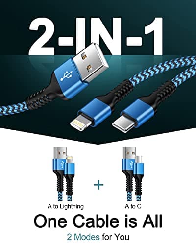Multi Charging Cable 2-in-1, 4FT Long Multiple Charger Cord USB to Lightning & Type C Port Apple and Android Braided Charging Wire for iPhone 17 16 15 Pro Max 14 13 12 8Plus, iPad Air/mini, Galaxy