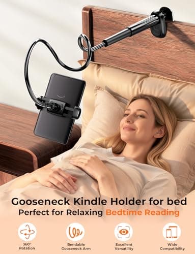 Mumay Gooseneck Kindle & Phone Holder for Bed: Flexible Long Arm Clamp Mount for Hands-Free Reading, Bedside Desk Headboard Stand, Compatible with iPhone 17 Pro Max Kindle Kobo & 4.7–8.6 Inch Devices