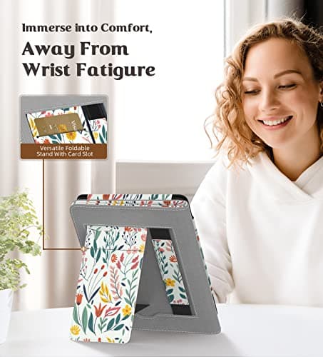 MoKo Case Fits All-New 6" Kindle (11th Generation, 2024/2022 Release)(10/8th Gen,2019/2016), Ultra Lightweight PU Shell Cover with Auto Wake/Sleep for Kindle 2024, Flowers