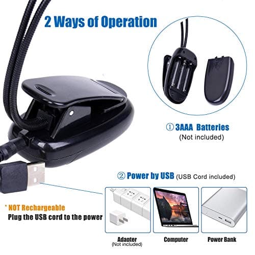 Music Stand Light, 1/2/4/10 Pack Clip on LED Book Lights, USB and AAA Battery Operated, Reading Lamp in Bed, 4 Brightness Levels, Ideal for Musician, Piano Player, Sheet Music, Travel (Dual Arm)