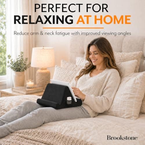 Brookstone Tablet Lap Cushion - Tablet and Phone Holder for Bed, Flights, and Travel, Two Angled Memory Foam Lap Desk for Reading and Hands Free Viewing, Compatible iPad and Kindle Accessories, Black