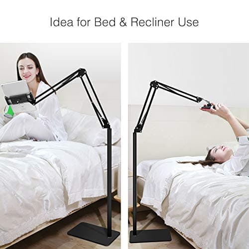 Tablet Floor Stand with 5LB Metal Base, Overhead Bed Phone Stand Angle Height Adjustable Holder, Universal Floor Stand Compatible with iPhone iPad Pro Air Mini, Samsung Tab, Kindle, E-Readers…